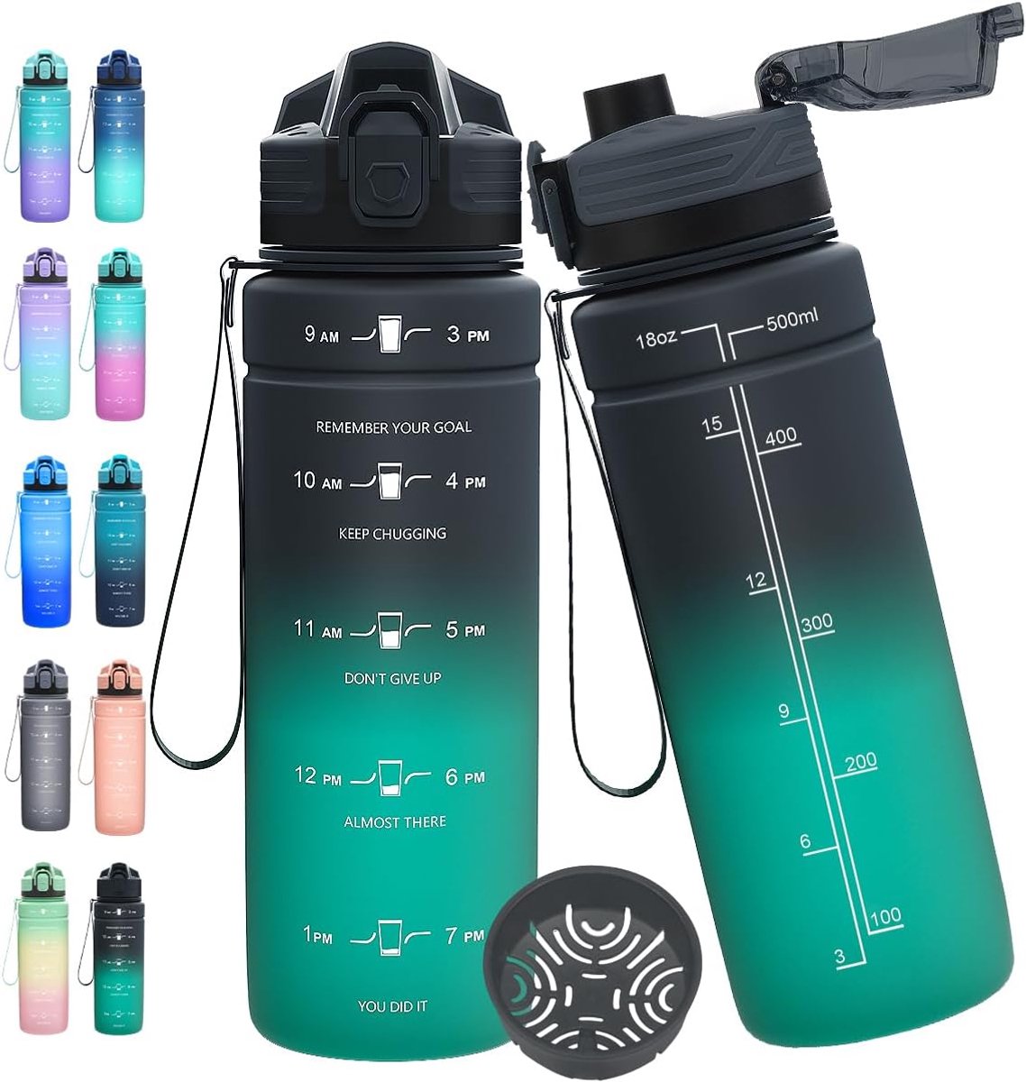 Waterfles, 1 liter/500 ml/700 ml/1500 ml, motiverende waterfles met tijdmarkering en schaal, BPA-vrije tritan, geen rietje, sportfles voor tiener, volwassene, sport, sportschool, fitness