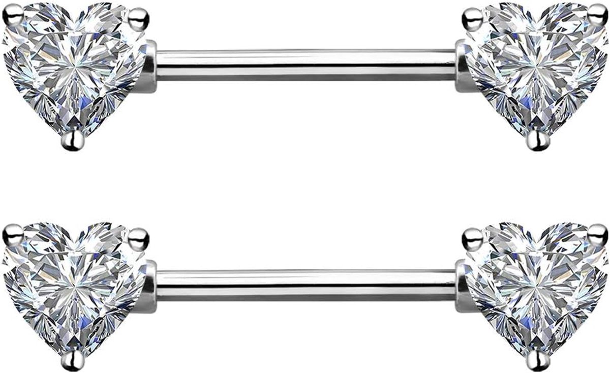 2 stuks tepelpiercing van chirurgisch staal, 316L, hartvorm, barbell, met CZ, tongpiercing, sieraden, piercing voor dames, 14 mm, 14 g, roségoud/zilver, 14G, 316L chirurgisch staal