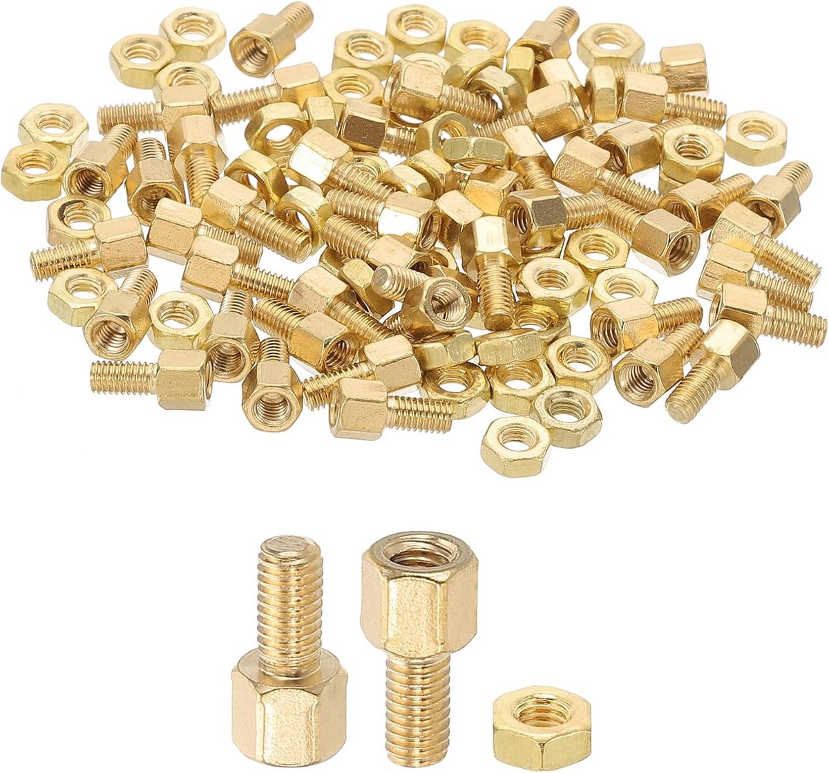 M3X4mm+6mm Standoff Schroeven, 100 Stuks Mannelijk naar Vrouwelijk Hex Messing PCB Standoff Afstandhouder Schroef Moer Assortiment Kit voor PCB Computer Circuit Board, Goud