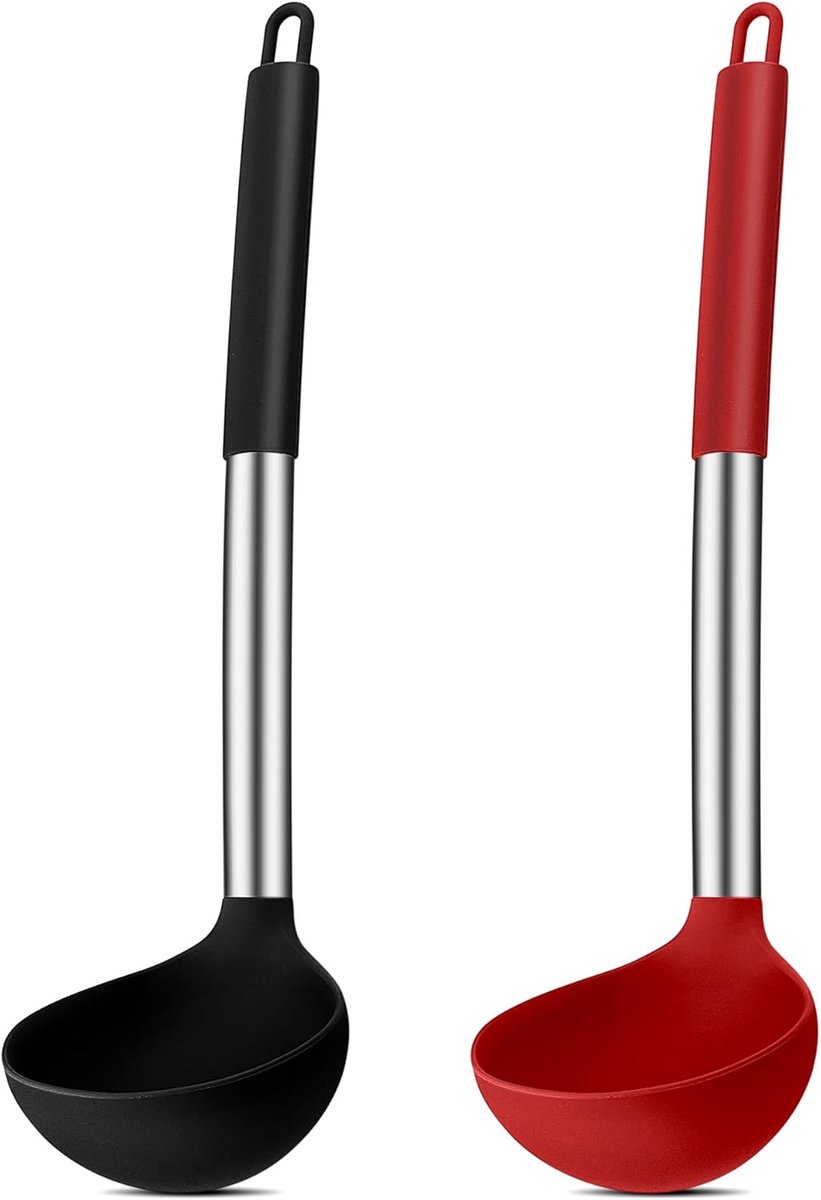 Soeplepel, Joyfair 2-delig siliconen pollepel set, hittebestendige pollepel met greep van roestvrij staal, 30 cm groot sauslepel voor koken/roeren/serveren, gezond en antiaanbaklaag - Zwart & Rood