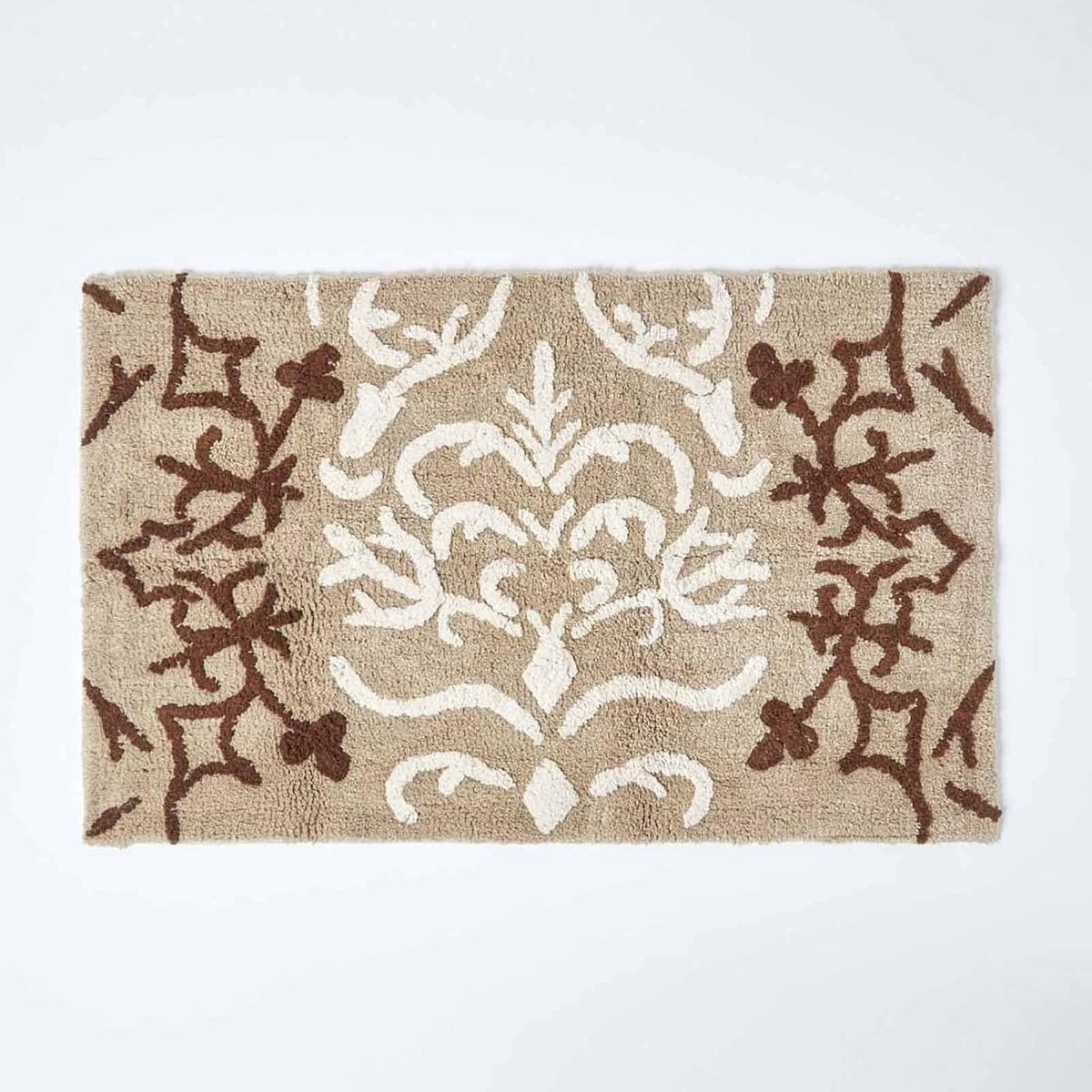 Damask Badmat, beige, 50 x 80 cm, 1400 GSM vloerkleed in 100% katoen, antislip spuitrug, wasbaar thuis