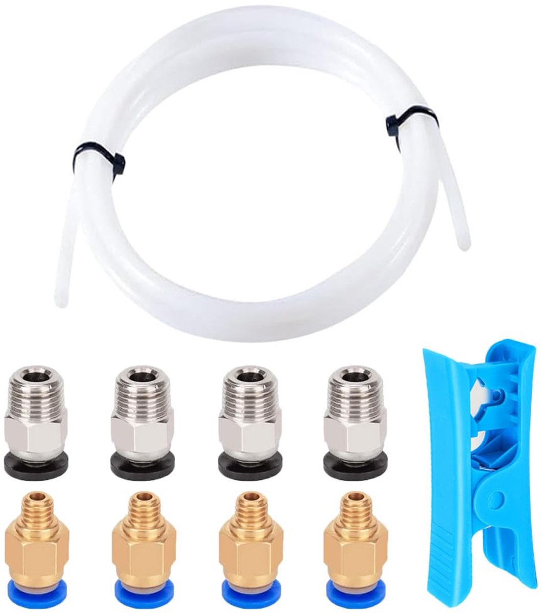1 meter 3D-printer PTFE Teflon slang met cutter, 4 stuks PC4-M6 bandenverbinders en 4 stuks PC4-M10 bandenverbinders