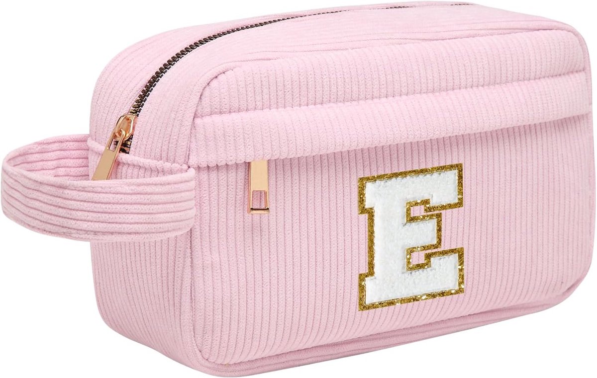 Make-uptas voor dames, gepersonaliseerd, voor op reis, met binnenvak, cosmeticatas, cosmetica-organizer, cadeau voor verjaardag of Kerstmis, ideaal voor vrouwen, meisjes, vriendin, roze, E