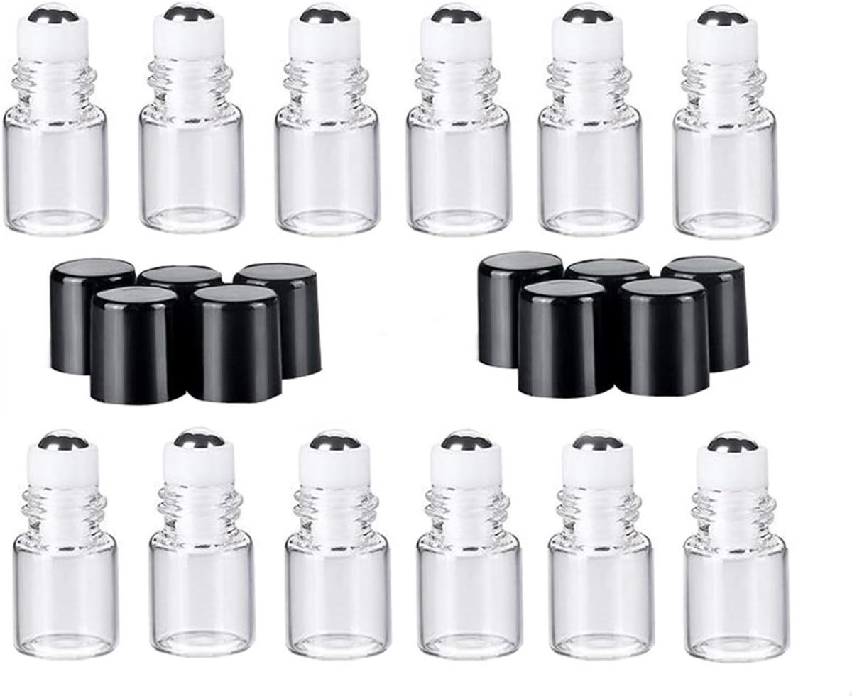 12 stuks 2 ml mini helder glas roll-on flessen lege navulbare etherische olie glazen roller bal fles parfum lipgloss cosmetische monster flesjes container met en zwarte dop, Transparant, 2 ml