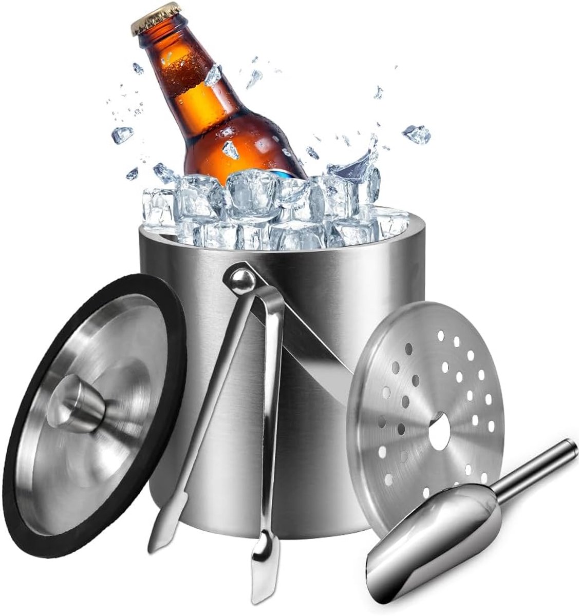 2 l/67 oz ijsemmer roestvrij staal ijsemmer champagne koeler ijskoeler champagne ijsblokjeskoeler dubbelwandig ijshouder geïsoleerde ijsblokjeshouder wijn bier ijsemmer met deksel zeef