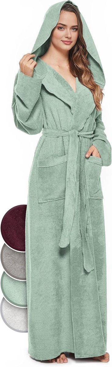 Badjas voor dames, 100% katoen (340 g/m²) met capuchon, extra lang, Oeko-Tex, wollige badjas, saunajas, ochtendjas, huisjas