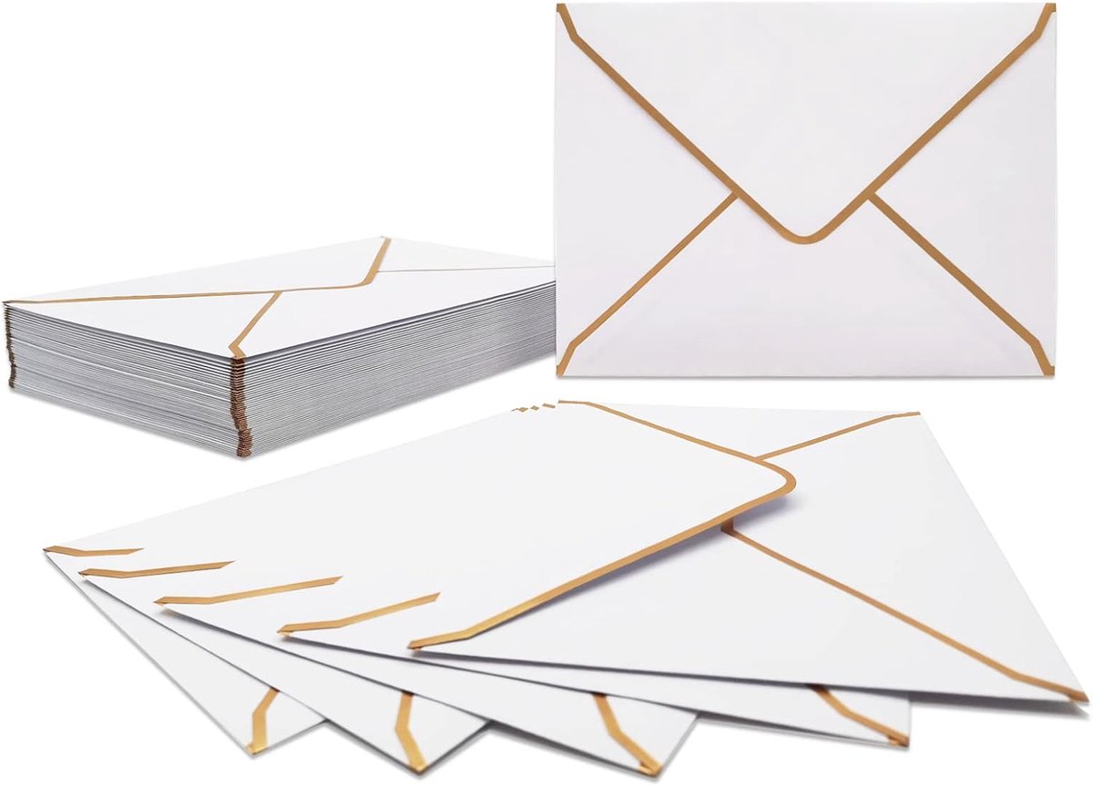 50 stuks enveloppen, witte luxe enveloppen 18,5 x 13,5 cm, miniatuur V-klep, goudfolierand voor bruiloften, uitnodigingen, feest, wenskaarten