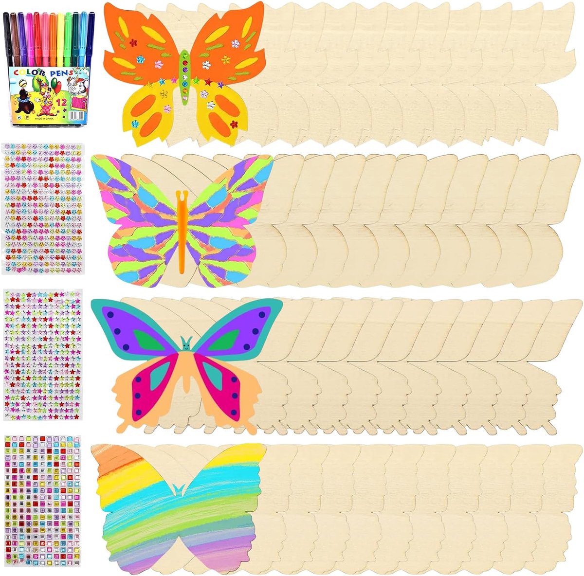 Vlinder-knutselset, 40 stuks vlinderdecoratie, hout, voor kinderverjaardag, handwerk, met aquarelstift/edelsteenstickers