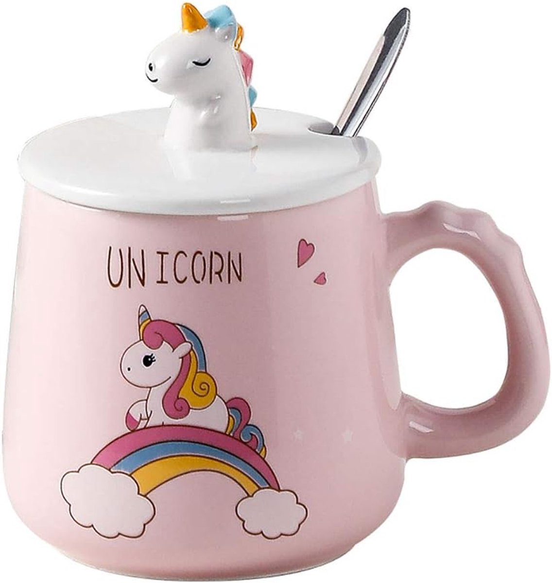 Eenhoorn Keramiek Mok, Koffie Kop met Lief 3D eenhoorn deksel Roestvrij Staal Lepel, Nieuwigheid Tekenfilm Ochtend Kop Thee Melk Kerstmis- Mokken voor Meisjes Kinderen Kantoor