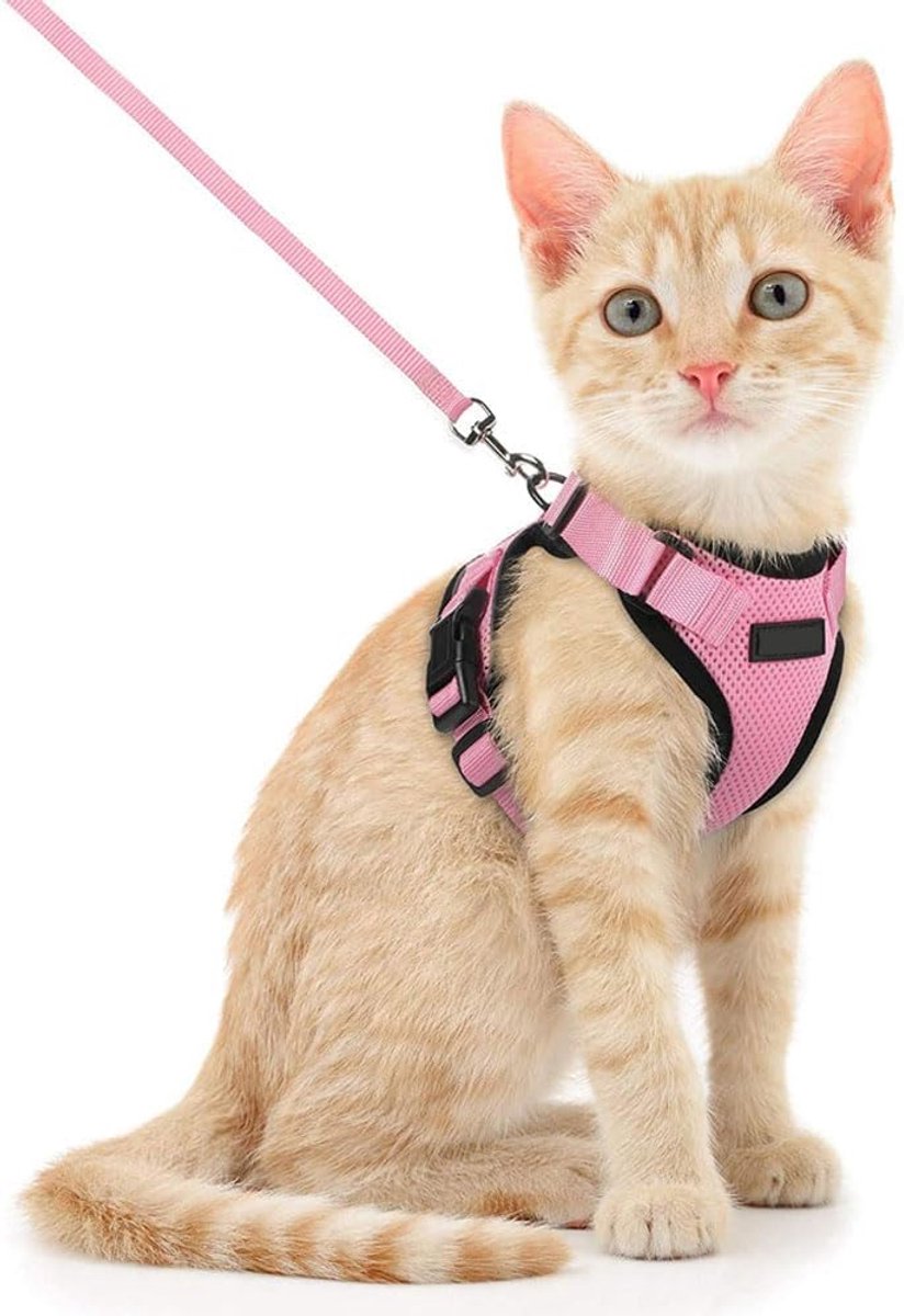 Verstelbaar kattenharnas met riem van 150 cm, veiligheid voor kleine middelgrote en grote volwassenen, puppy's, kattenharnas om te wandelen, S, roze