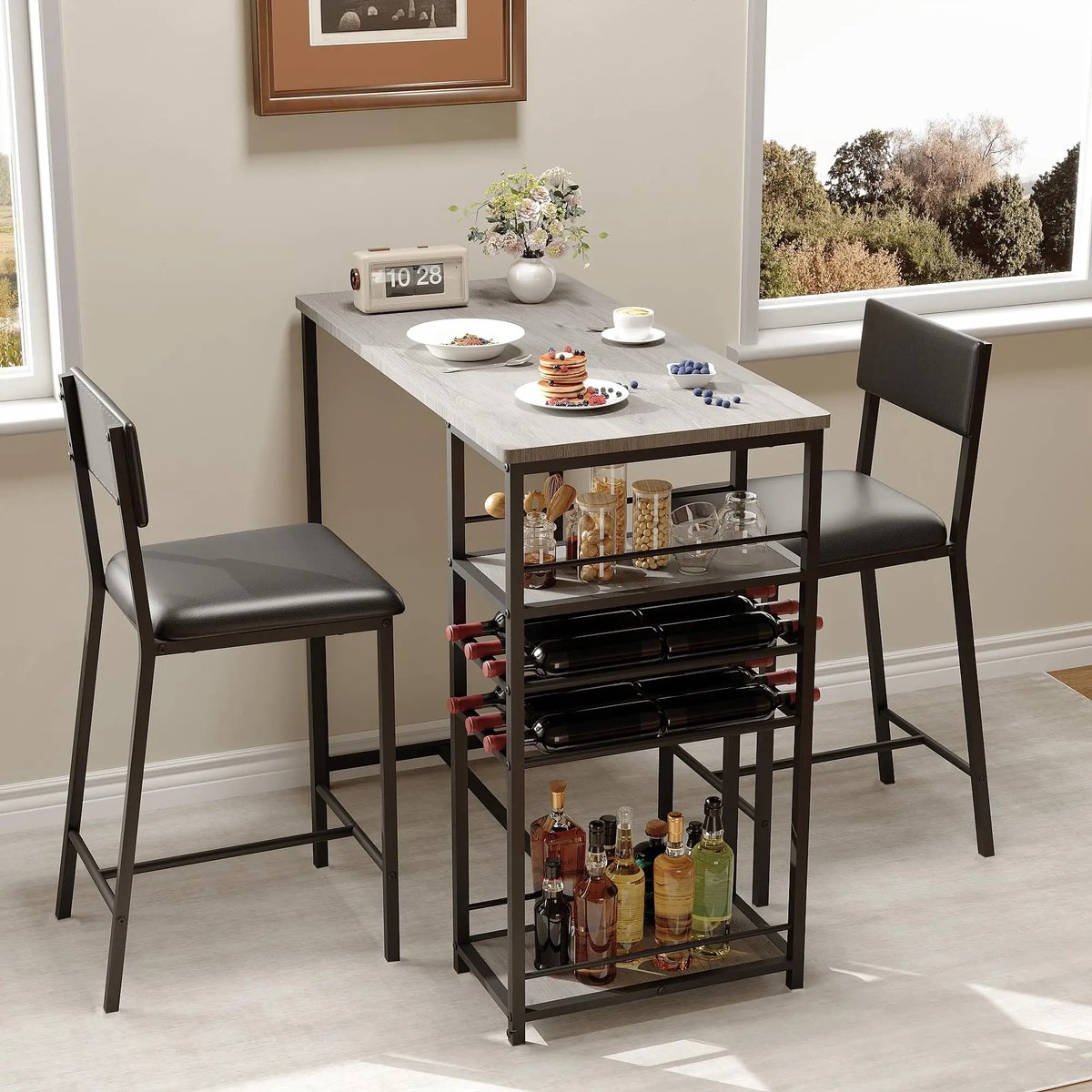 Parasha Nova Eettafel met stoelen - Bartafel - Barkrukken - 3-delig: eettafel - 2 stoelen & 3 barkrukken - Eetgroep voor 2 personen, keukentafel, industrieel design - Grijsmetalen frame
