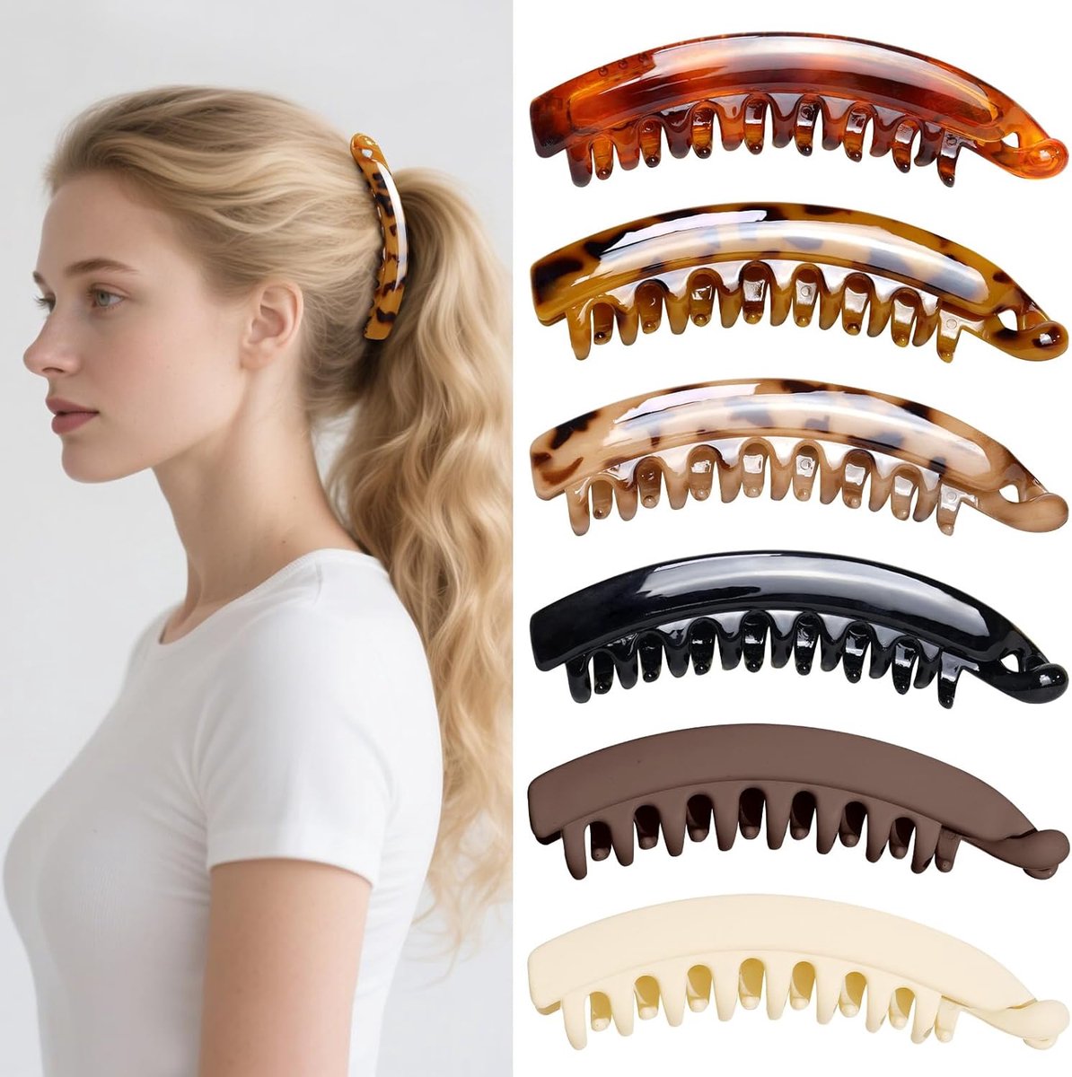 SnelShoppen - Set van 6 Grote Bananen Haarspelden voor Dikke Haar, Sterke Houding, Hoogwaardige PC Materiaal, Ideaal voor Sport en Werk, Zwart