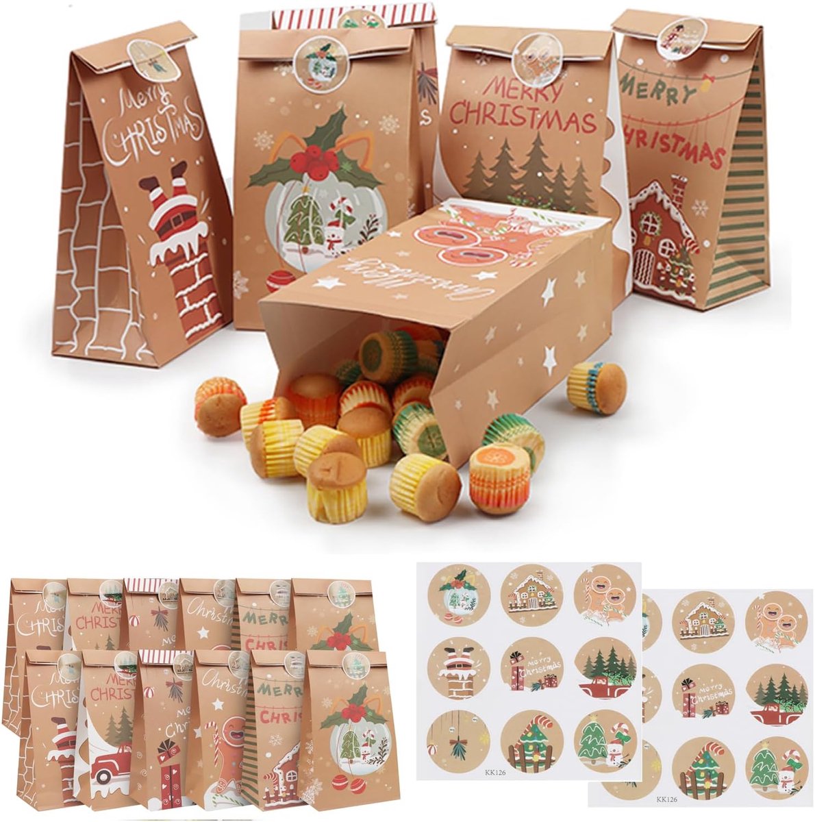 zakjes, 12 stuks, kleine kerstzakjes, cadeauzakjes voor Kerstmis met stickers, cadeauzakjes, kraftpapieren zakjes voor Kerstmis, gastgeschenken