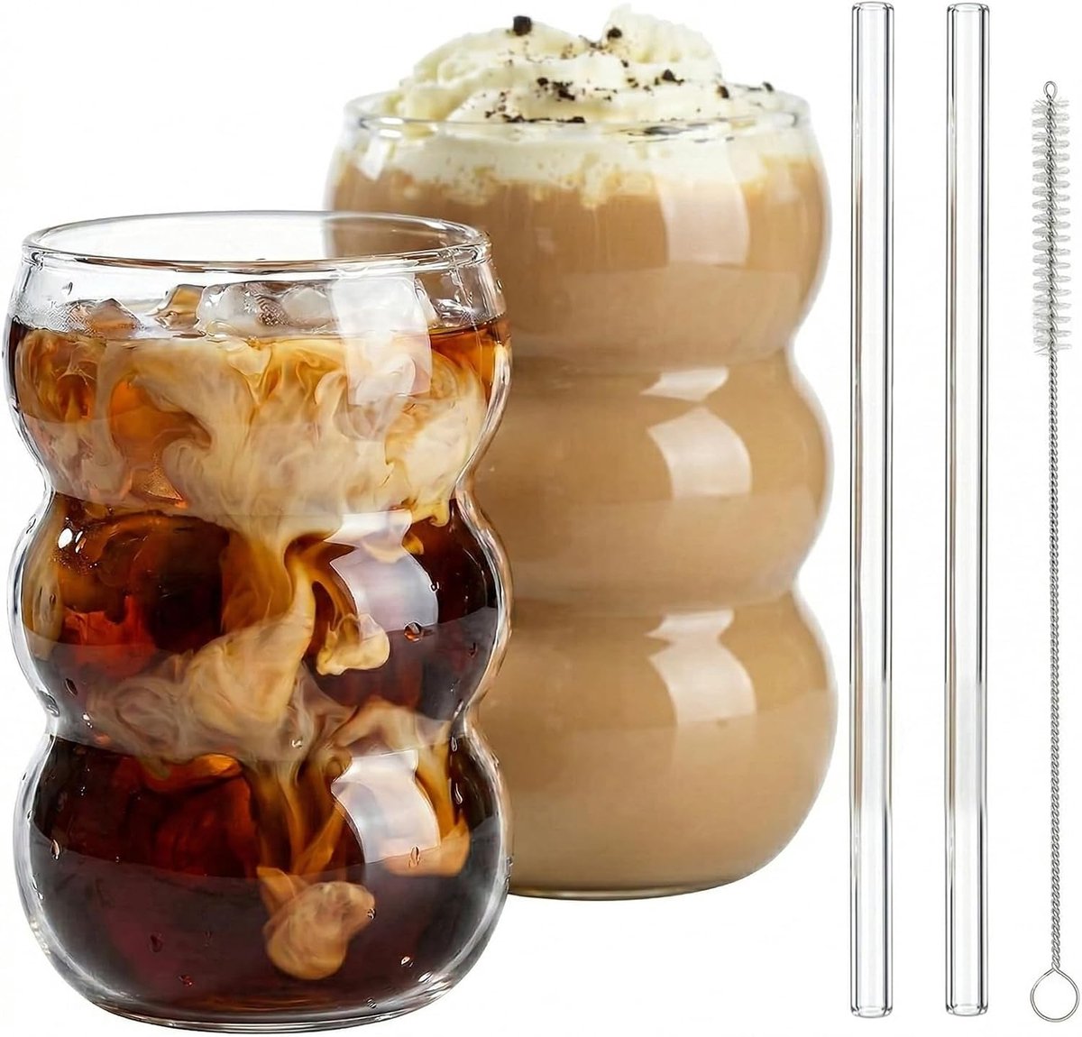 Latte Macchiato glazen, set van 2 koffieglazen, perfect geschikt voor cappuccino, Caffe Lungo of Americano, vaatwasmachinebestendig, bubbelglazen 550 ml, gratis borstel en rietje