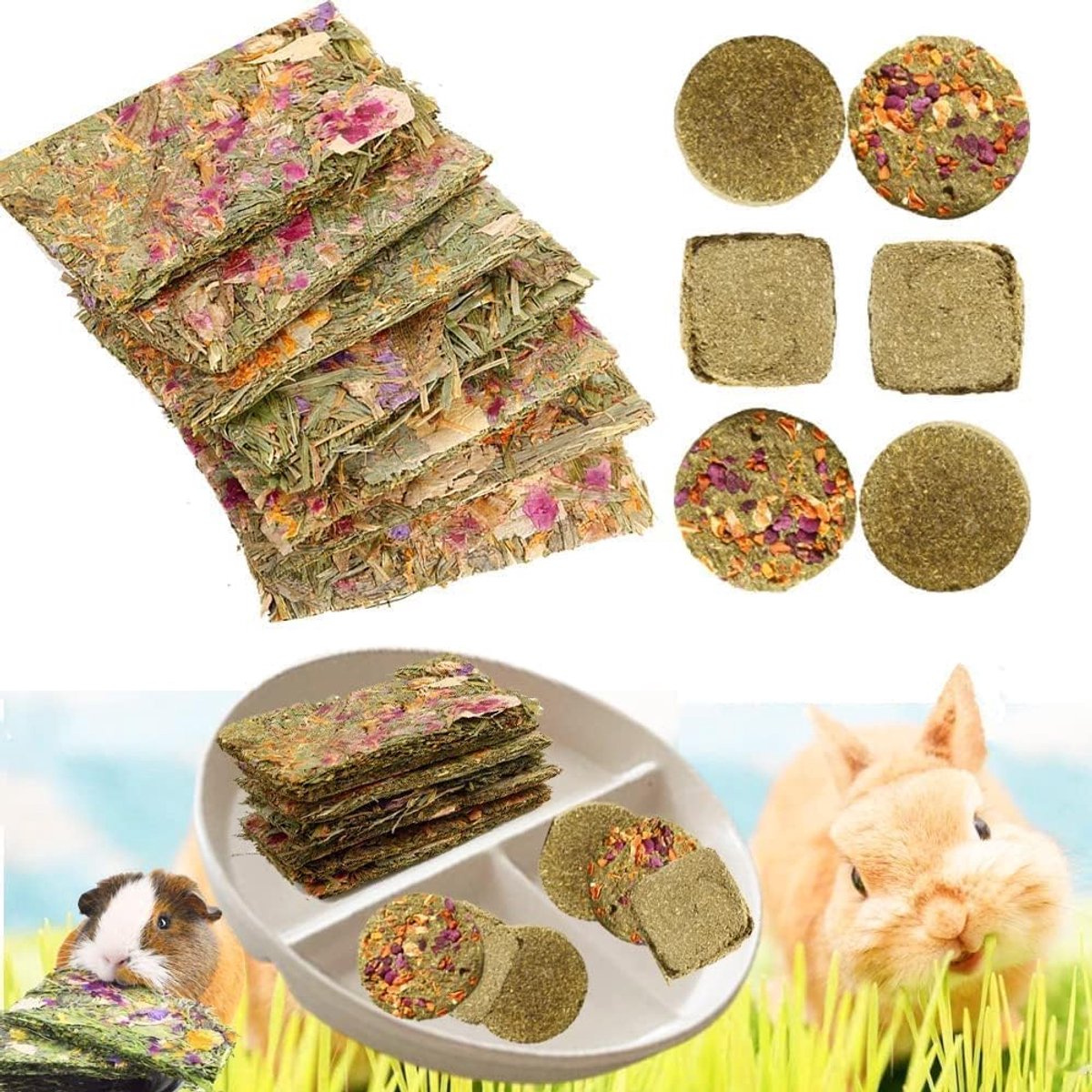 Konijnentraktatie, natuurlijke molaire Timothy hooi, kruiden, bloemengeur, snack, kauwspeelgoed, cadeau voor konijntjes, chinchilla's, hamstergerbils, 12 stuks kooien voor kleine dieren,
