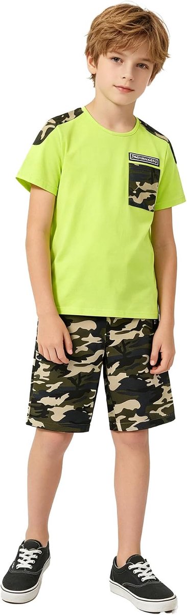 Jongens T-shirt met korte mouwen + camouflage korte broek, 2-delige zomerkledingset voor kinderen van 5-12 jaar, groen, 8-9 Jaar
