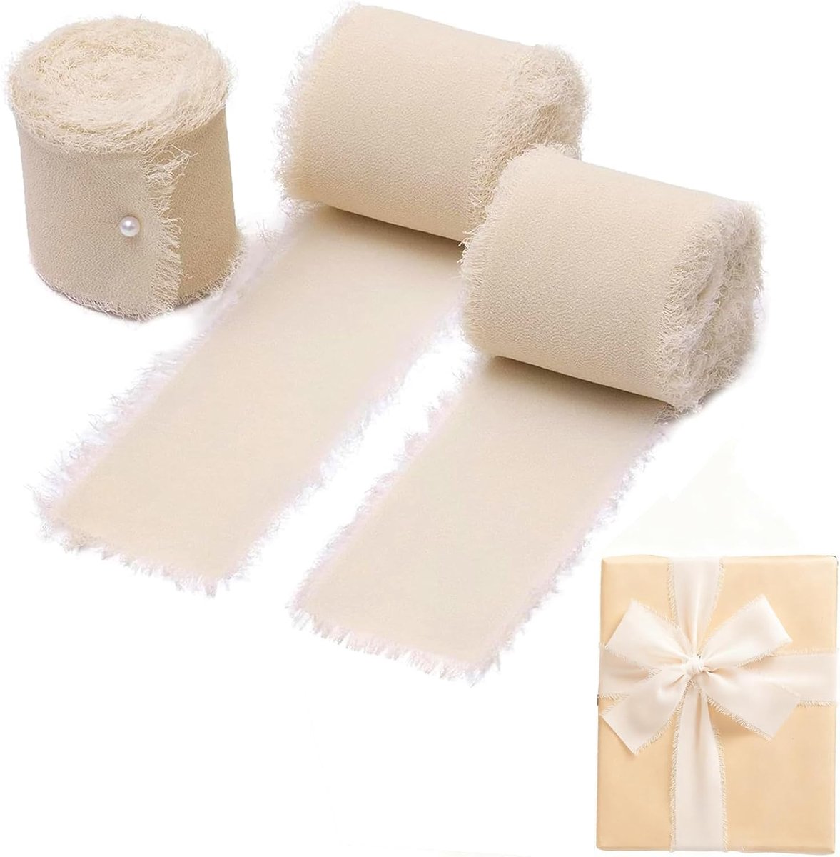 SnelShoppen - Chiffon Beige Cream Zijde Handgemaakte Franje Decoratieve Ribbons voor Bruiloften, Geschenkverpakking en DIY - 3 Rollen van 4 cm x 5 m