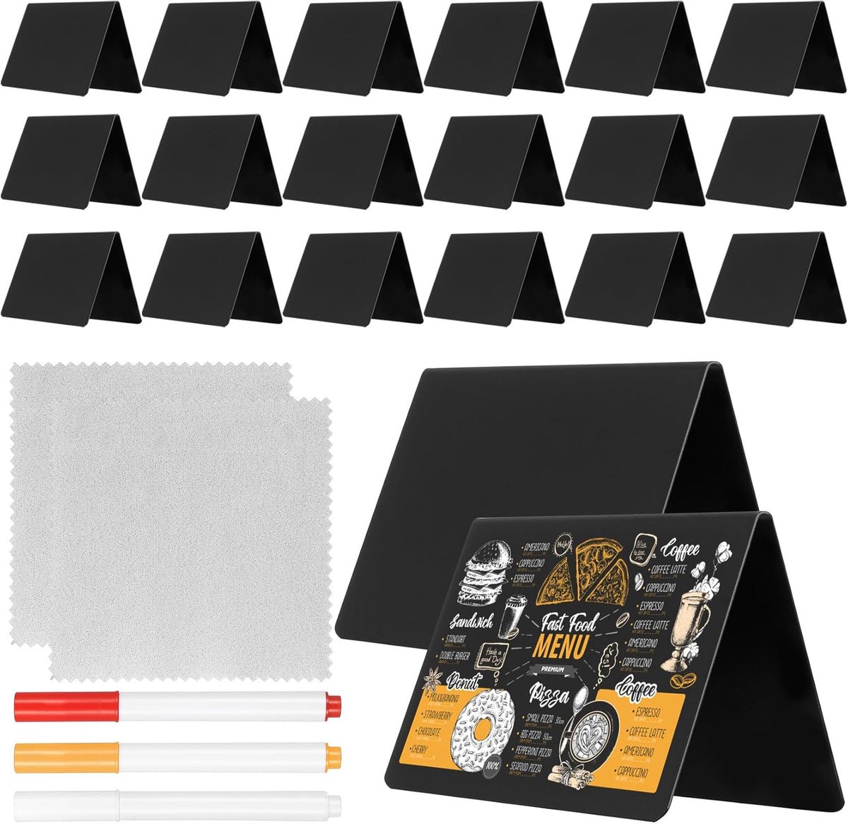 SnelShoppen - 21 Stuks Mini Slate, Wasbare Kleine Tafelslate, Mini Krijtbord, Zwarte Labels voor Prijs, Dresser, Feest, Bruiloft (100 x 75 mm) + 3 Kri