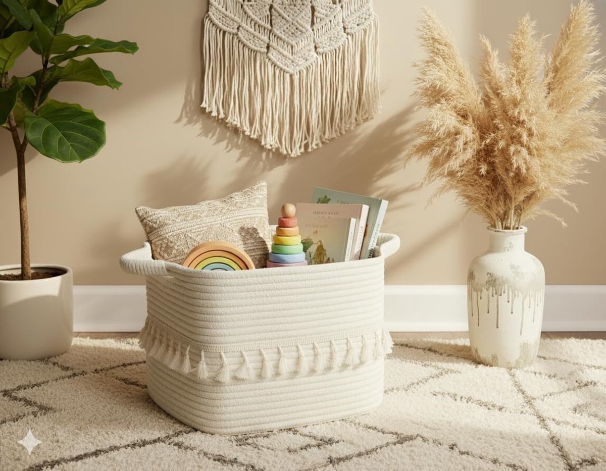 Gevlochten opbergmand met hengsels voor wasgoed, dekens en speelgoed, decoratief voor woonkamer, slaapkamer en kinderkamer, wit