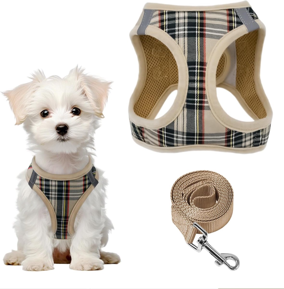 SnelShoppen - Step-in Hondentuig met Leash, Anti-Trek Tuig, Verstelbaar Zacht Mesh Puppy Tuig, Reflecterend Diamantpatroon voor Kleine Honden en Katte