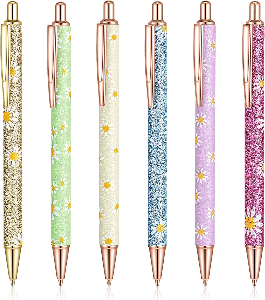 SnelShoppen - 6 Delige Aesthetic Ballpoint Pens Set, 1mm Retractable Floral Gelpennen met Zwarte Inkt, Elegante Schrijfpennen voor Kantoor, Cadeaus, C