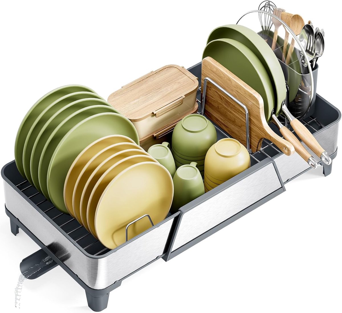 SnelShoppen - Grote Afwasdroger Rek Triple Uittrekbaar voor Keuken - RVS Keuken Organizer voor Servies, Borden, Bestek - Grijs, Ideaal voor Keuken en