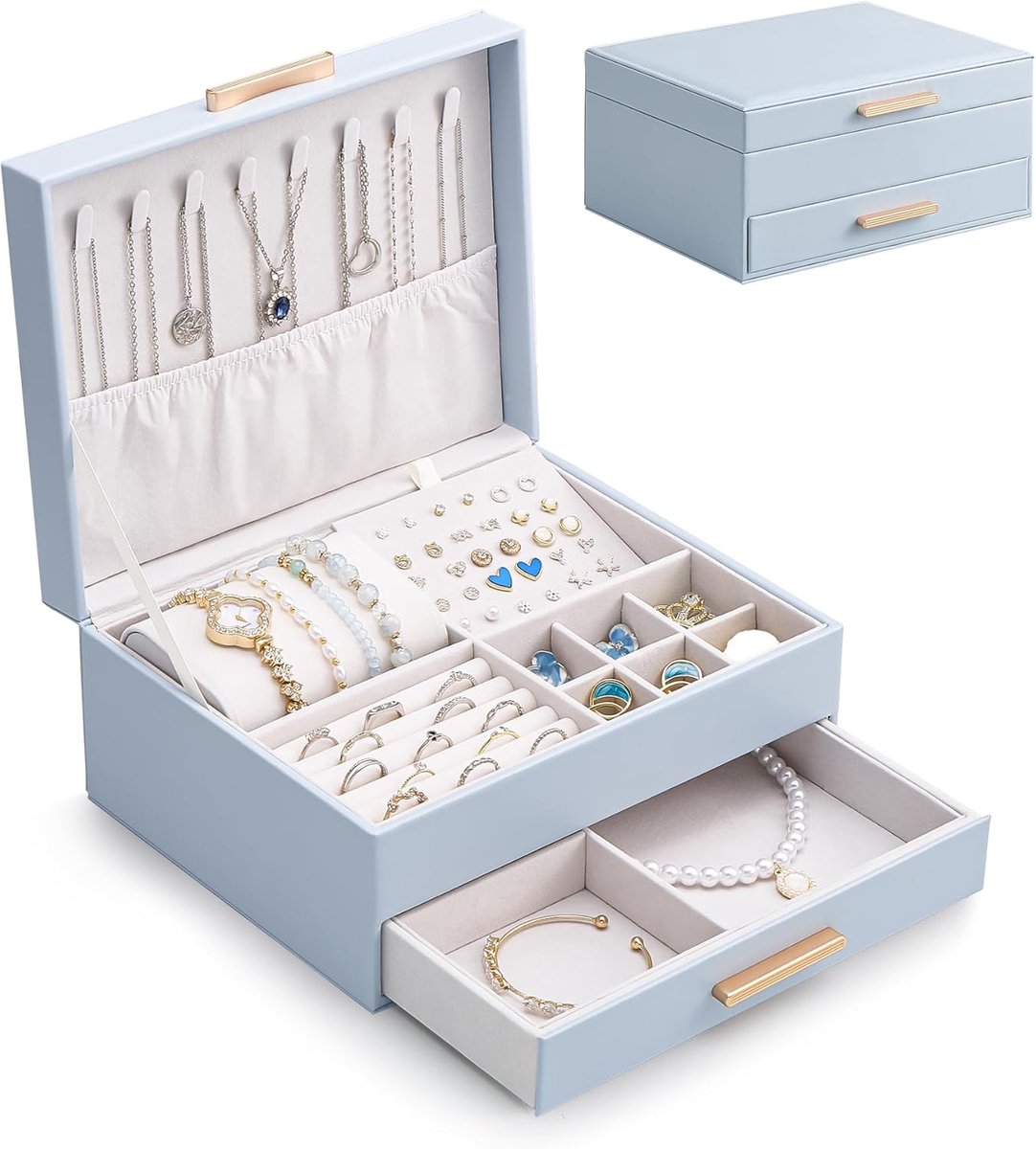 SnelShoppen - 2 Tier Sieradenbox, Sieraden Organizer voor Ringen, Oorbellen, Halskettingen, Blauwe Juwelen Box met 2 Lades en Zachte Voering