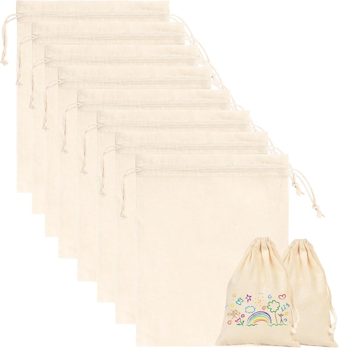 SnelShoppen - Pack van 8 Katoenen Tassen 15 x 20 cm - Kleine Stoffen Zakjes met Trekkoord - Ideaal voor Verjaardagsfeest, Trouwerij, Pasen en Creatiev