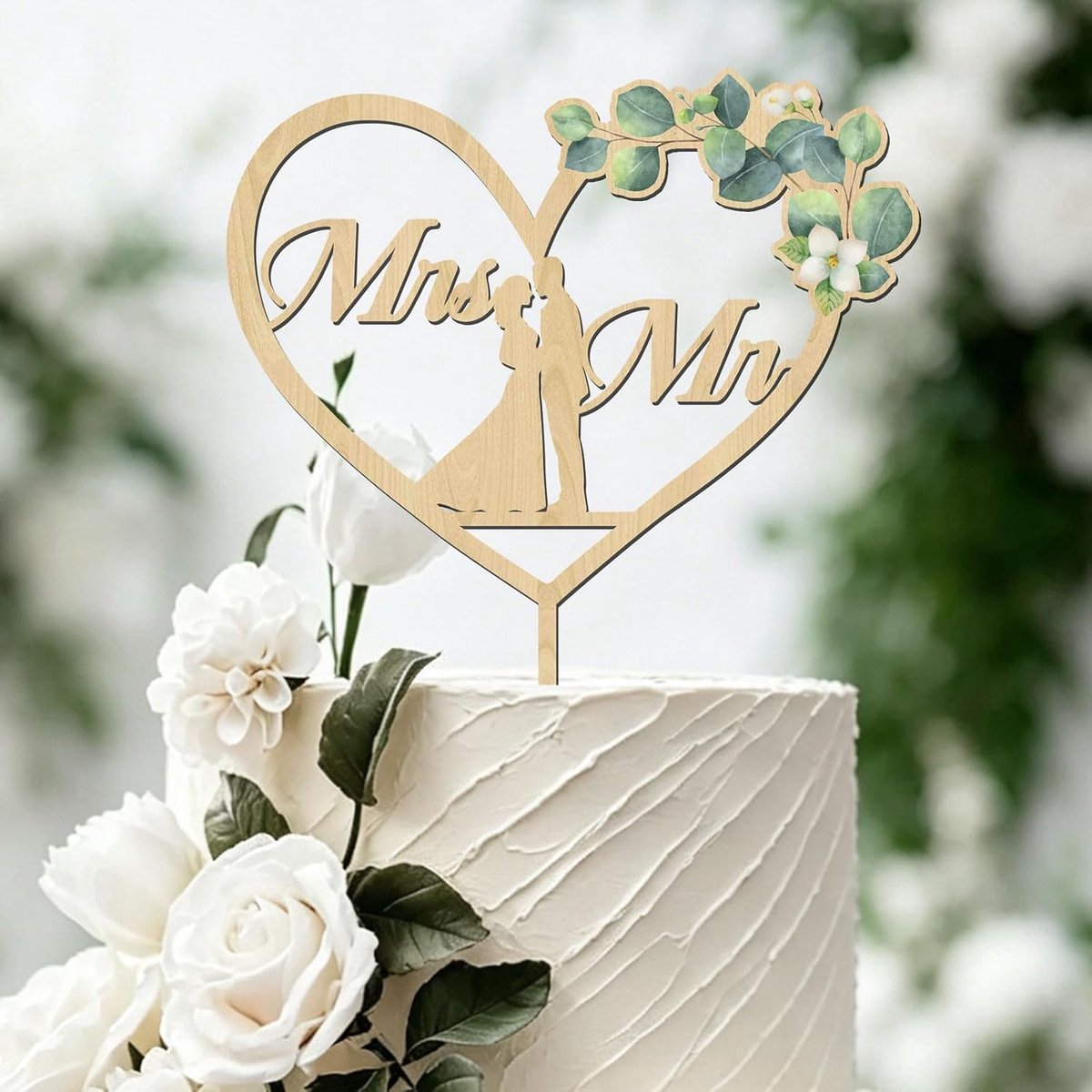 SnelShoppen - Mr & Mrs Houten Taarttopper met Groene Bladeren - Rustieke Bruiloft Decoratie voor Huwelijk en Verloving - Klaar voor Gebruik