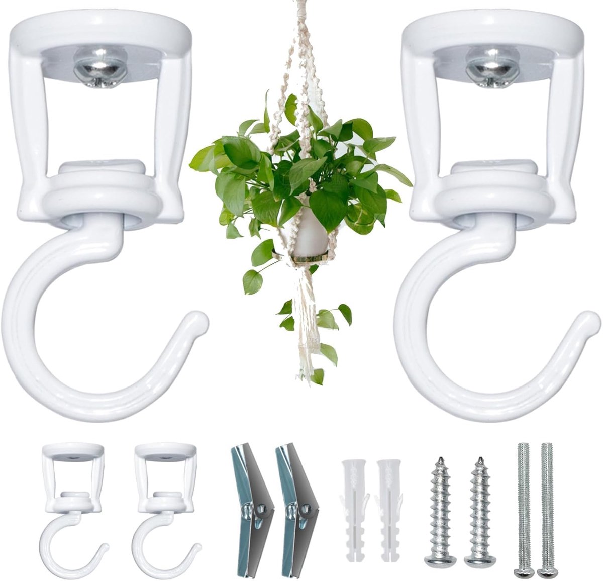 SnelShoppen - 2 pcs Plant Wall Hooks, Ceiling Hooks voor Planten, Wit, Inclusief Schroeven en Rubber Cuffs, Perfect voor Lanterns, Wind Chimes en Deco