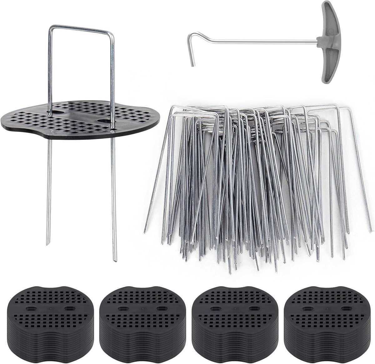 SnelShoppen - 50 Grondankers, Roestvrij Grondankers, Tuin Montageankers, Ongalvaniseerd Staal + 50 Bufferdiscs + 1 RVS Haringtrekker voor Tuin, Kamper