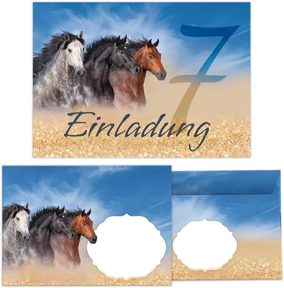 SnelShoppen - 12 Uitnodigingskaarten incl. 12 Enveloppen voor 7e Verjaardag Meisje met Drie Paarden - Kinderfeestje - 10.5x14.8 cm - Zelfklevend - 300