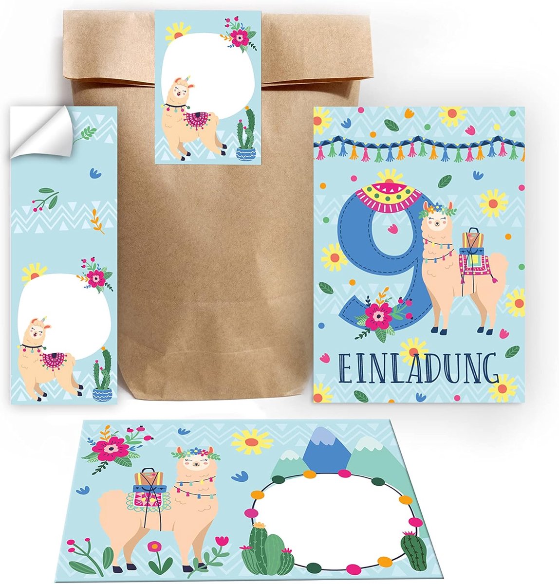 SnelShoppen - 12 Uitnodigingskaarten voor 9e Verjaardag Meisje - Llama Thema - Inclusief Enveloppen, Cadeautasjes en Stickers - Feest - Kinderen - 10,