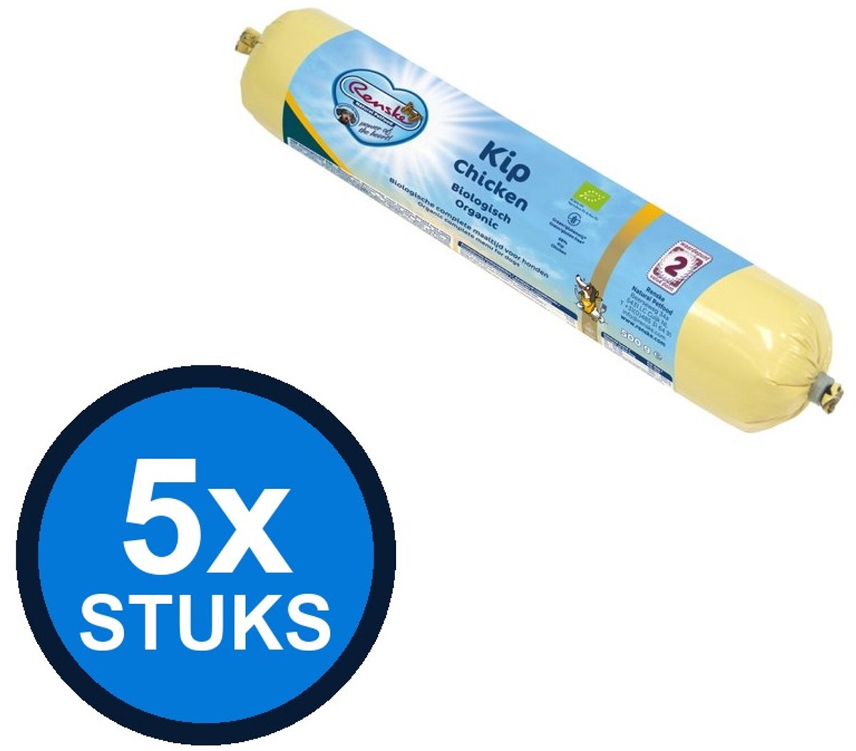 5x Renske - Vers hond worst graanvrij kip biologisch 500gr - Hondenvoer Natvoer - 500 g