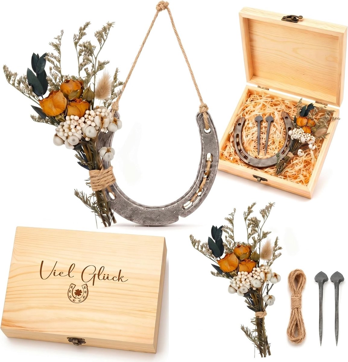 SnelShoppen - Geluks Hoorngift Set met Houten Doos - Paardenhoef Decoratie voor Huizenwarming, Bruiloft, Verjaardag en Doop - Inclusief Droogbloemen e