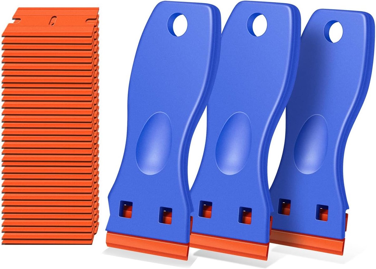 SnelShoppen - Pack van 3 Plastic Scrapers met 30 Vervangbladen - Ideaal voor het Verwijderen van Stickers, Glazen, en Heftige Vuilresten - Ergonomisch