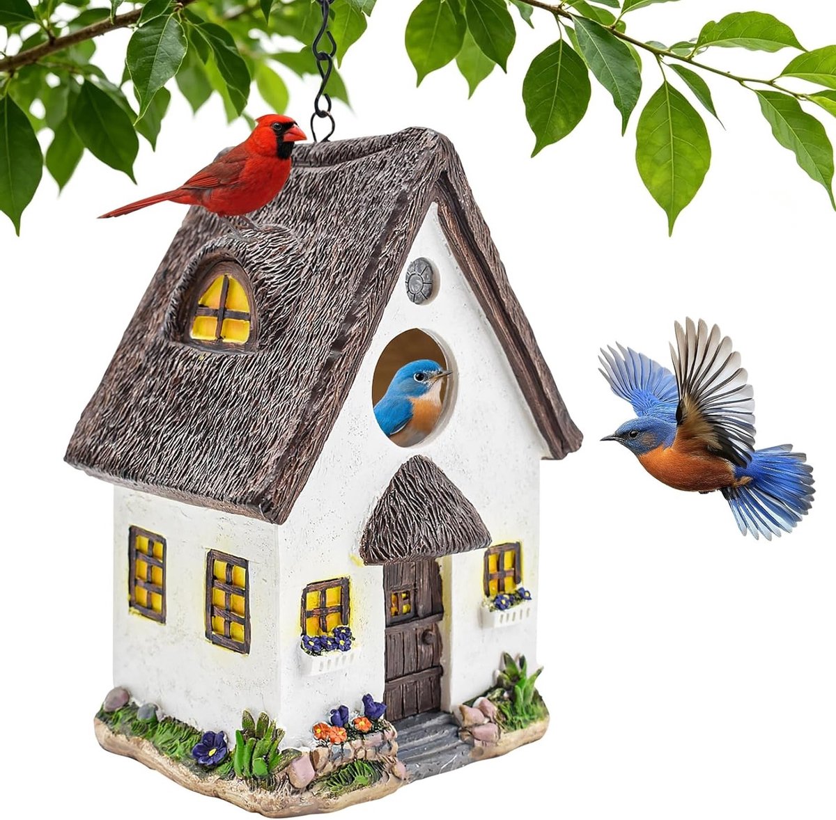 Hangend vogelhuisje van hars met 35 mm ingangsgat voor spatmezen, decoratieve nestkast voor tuin en veranda, ideaal voor vogels en natuurbehoud