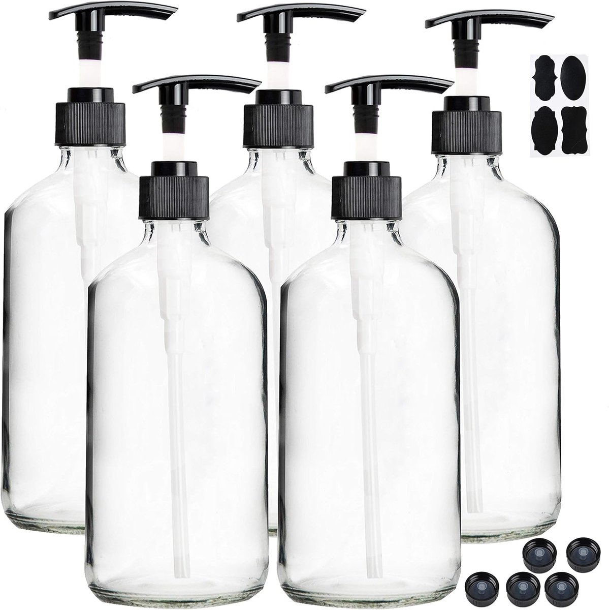 SnelShoppen - 5x Lege 250ml Duidelijke Glazen Pompflessen met Zwarte Pompen - Herbruikbare Dispenser voor Zeep, Lotion, Essentiële Olie, Shampoo en Me