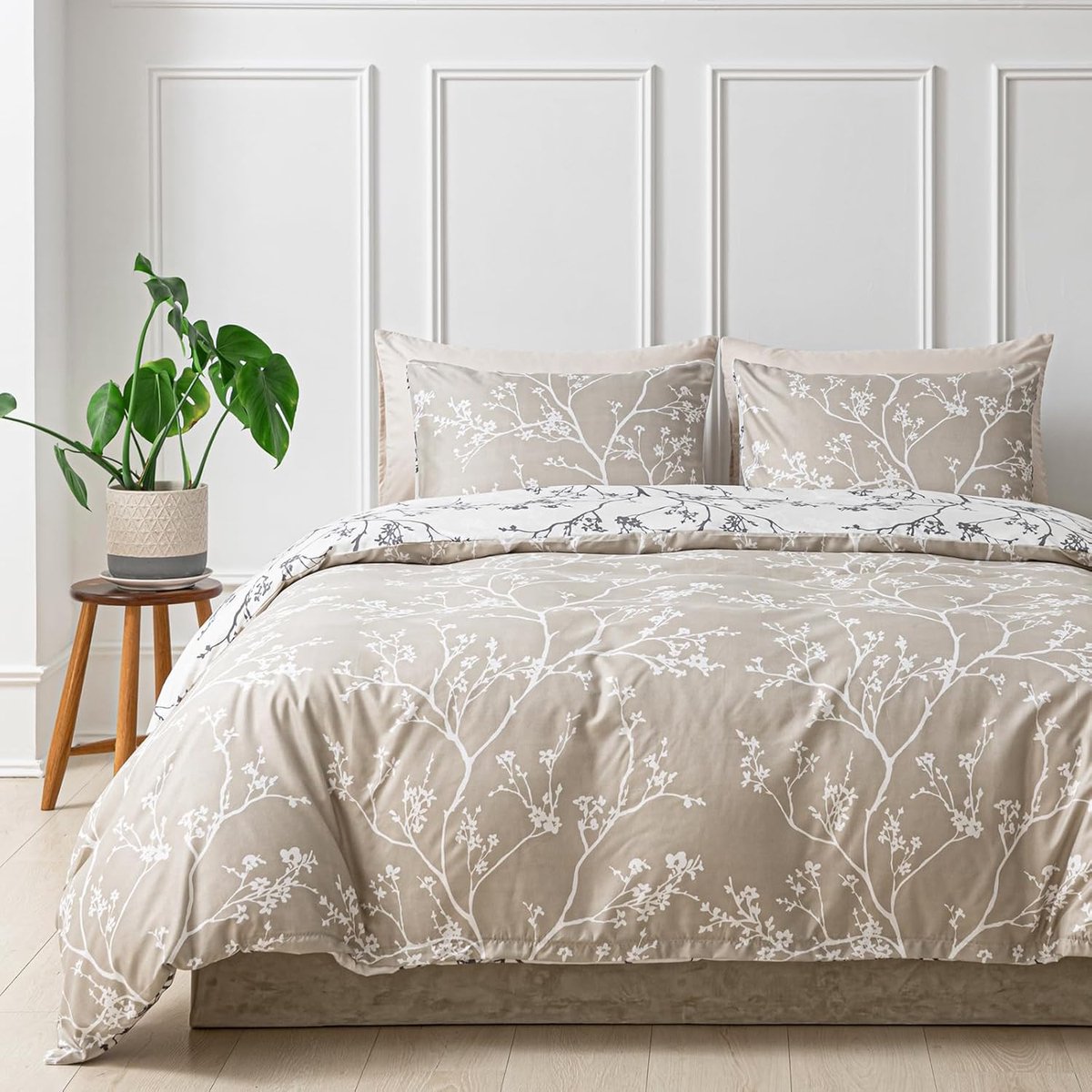 SnelShoppen - Duvet Cover Set 240x220 cm - 3-delig Microfiber Beddegoed met Botanisch Takken- en Bladerenpatroon in Khaki - Perfect voor Tweepersoonsb