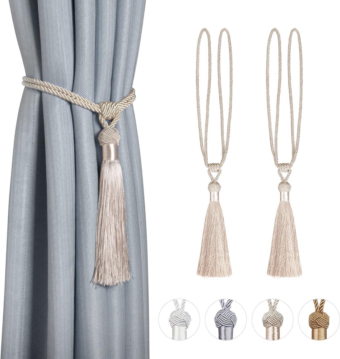 SnelShoppen - 2 Stuks Gordijn Tiebacks Handgeweven Tassel Gordijnhouders Gevlochten Touw Polyester Katoen Beige Decoratieve Gordijnaccessoires