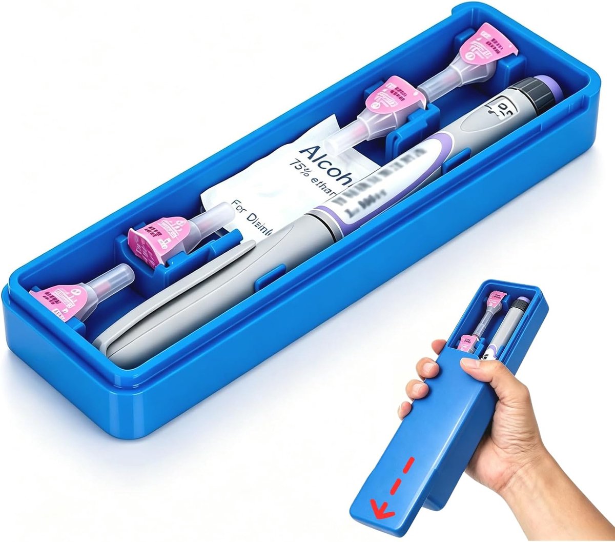 SnelShoppen - Insuline Pen Tas - Draagbare Diabetes Medicatie Pouch - Compact en Lichtgewicht - 1 Insuline Pen, 4 Naalden, Alcohol Wipes - Blauw