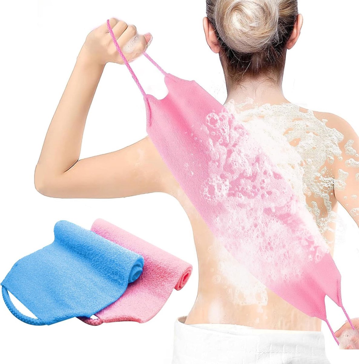 SnelShoppen - 2-Pack Roze Douche Scrubber - Wasmachinevorm met Handvatten, Rugmassager (Mesh Structuur) voor Dames en Heren