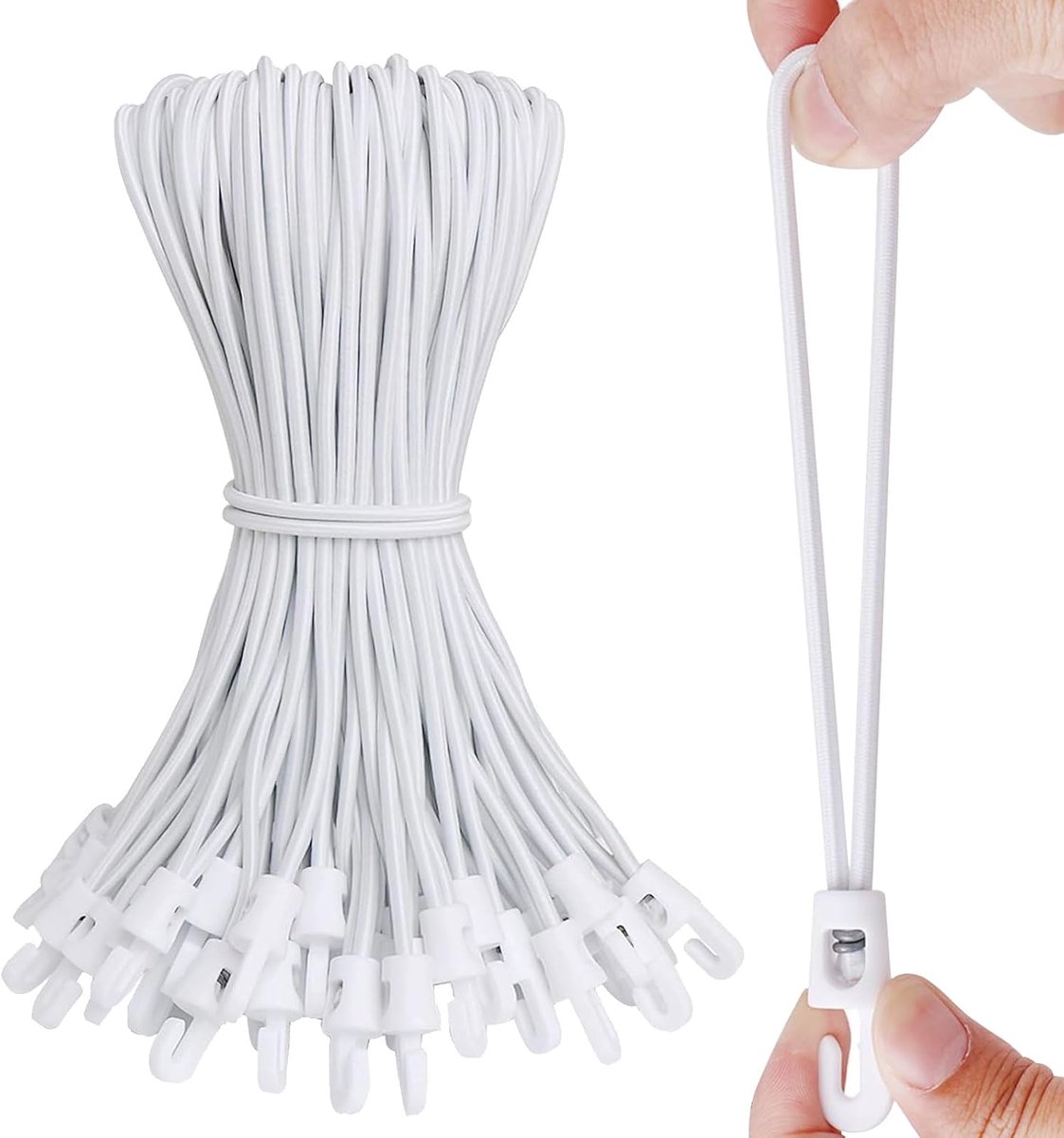 SnelShoppen - Elastic Rope met Haken, 25 cm, 25 Stuks, Wit, 4 mm Dikte, Ideaal voor Tarpaulins, Tenten, Ophangsystemen, Camping en Tuin