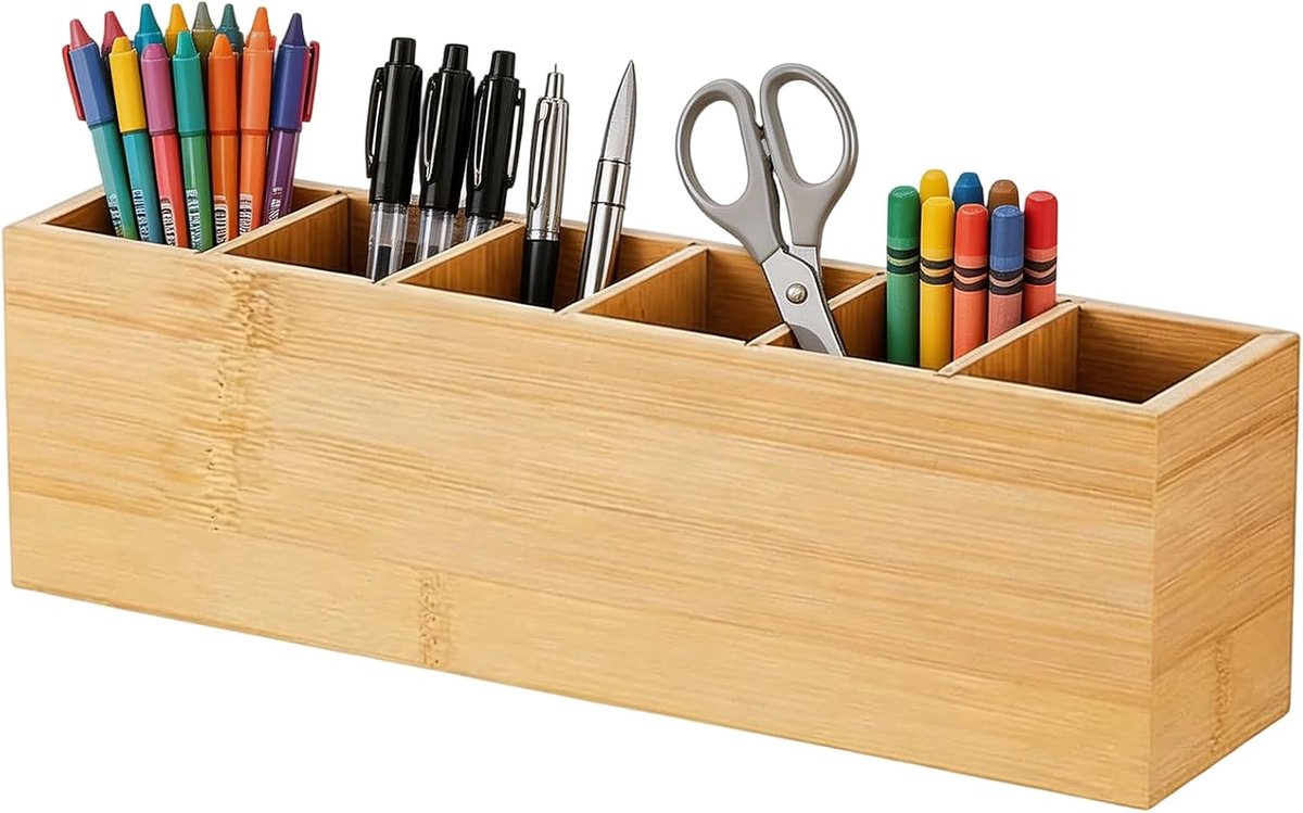 SnelShoppen - Pennenhouder voor Kinderen van Hout, 6 Vakken, Bureau Organizer voor Kleurpotloden en Markers, Massief Houten Kantooraccessoire voor Thu