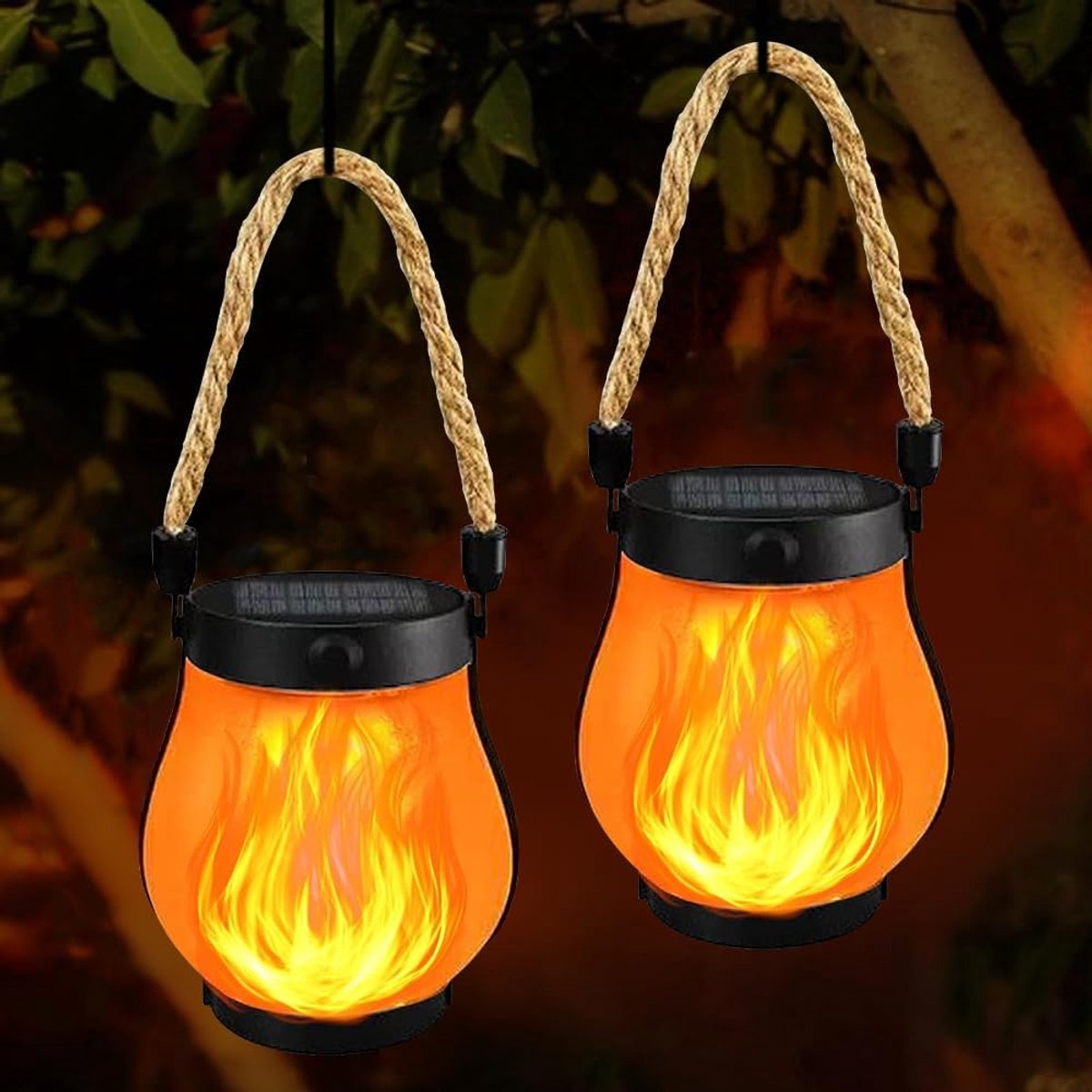 SnelShoppen - Outdoor Solar Lanterns 2-in-1, 2 Stuks Dansende Vlammen, Oplaadbare Solar Lantaarns voor Tuin, Balkon en Feestjes, Warm Wit Licht, Hange