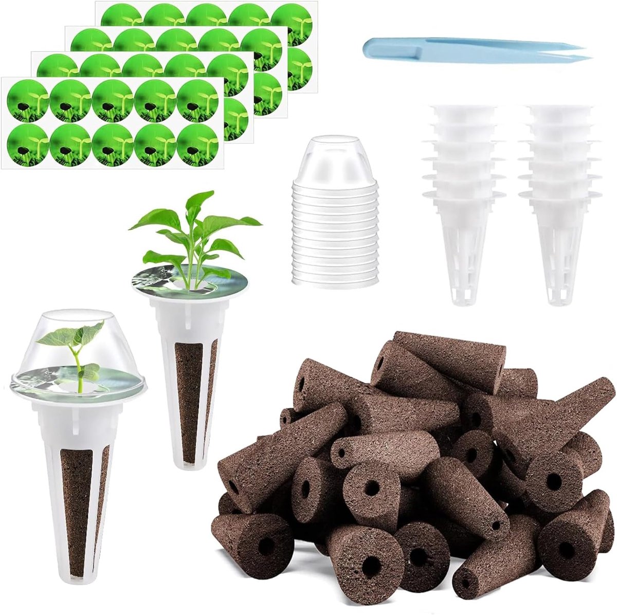SnelShoppen - 105-delige Aerogard Zaadkom Set - Hydroponische Tuinaccessoires voor Starterssystemen - 12 Plantbakken, 12 Transparante Deksel, 40 Stick