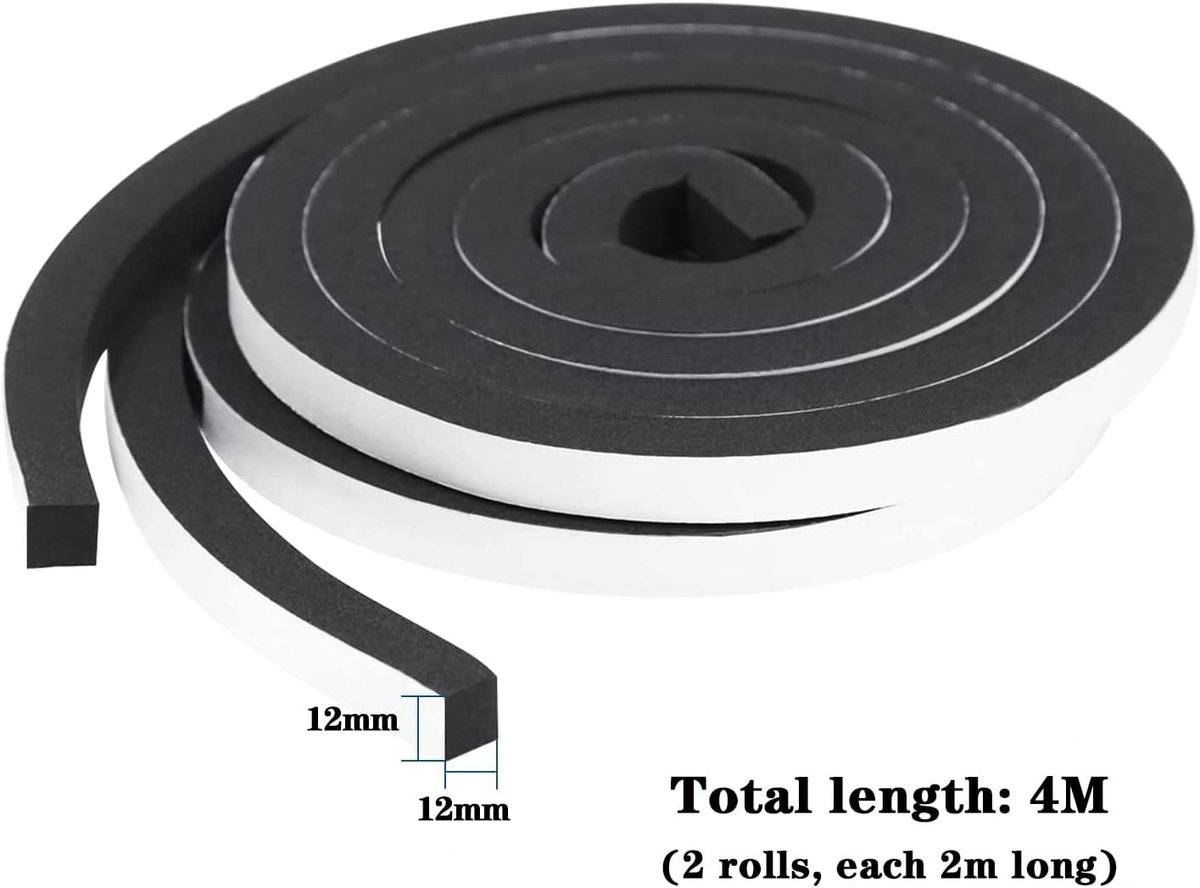 SnelShoppen - Sealing Tape Zelfklevend 12 mm x 12 mm / 4 m - Tochtstopper voor Ramen en Deuren, Geluiddicht, Waterdicht, Stofdicht, Zwart - Voor Koude