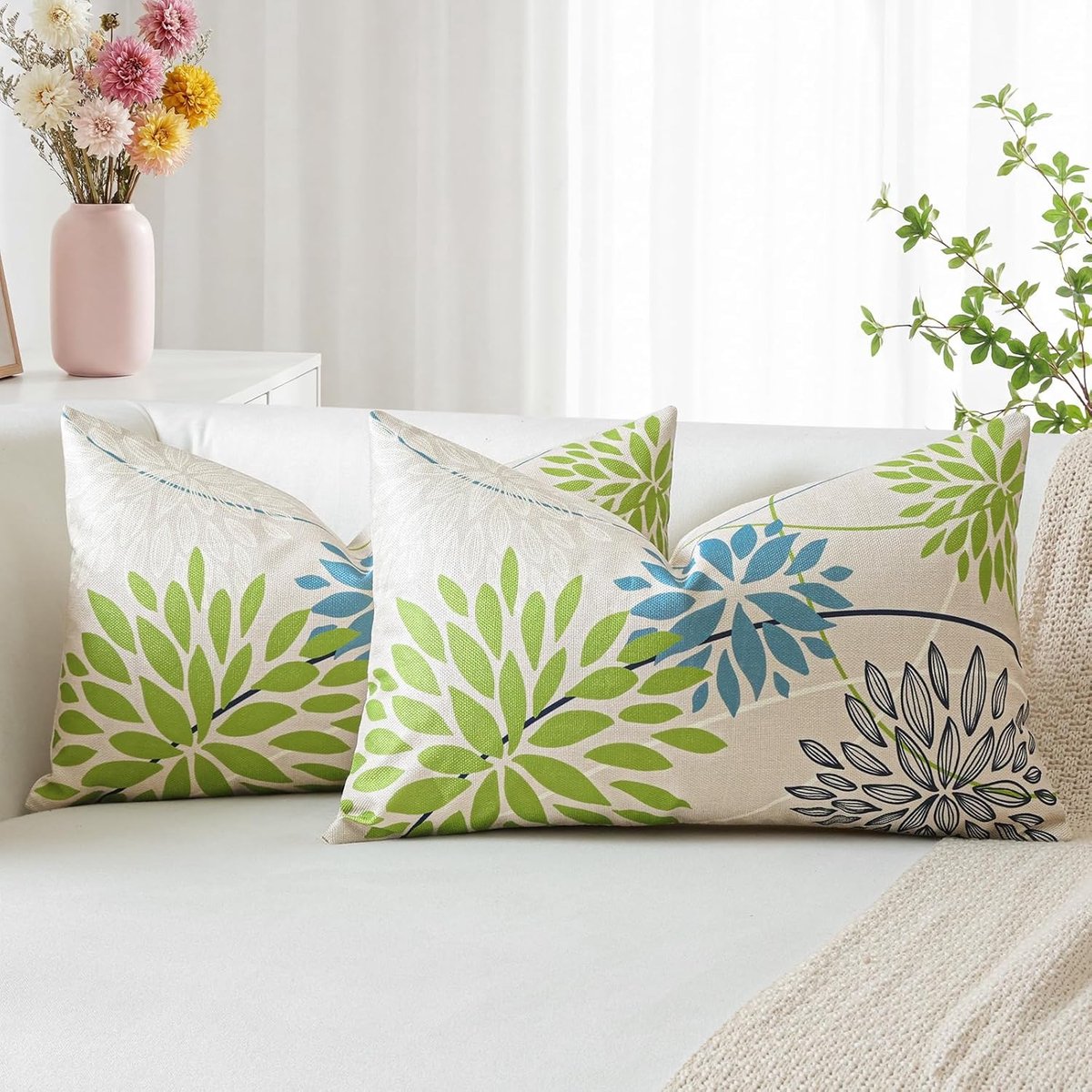 SnelShoppen - Set van 2 Kussenslopen 40x60 cm - Groen Blauw Dahlia Bloemen - Moderne Elegante Bloemen met Geometrisch Patroon - Perfect voor Slaapkame