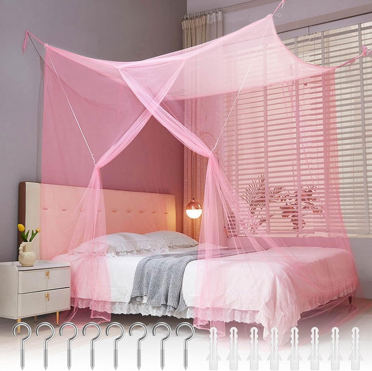 SnelShoppen - Mosquito Net for Travel - Hangende Bednet met 8 Ringen - Dubbelbed en Enkele Deur - Fijnmazig Polyester - Roze - 200 x 180 x 65 cm - Per