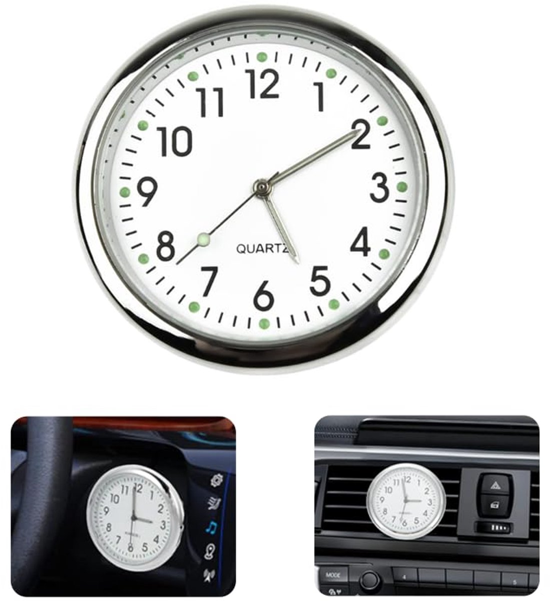 SnelShoppen - Ronde Witte Auto Klok met Verlichting, Zelfklevend Dashboard, Quartz, Geschikt voor Elke Auto met Ventilatie Clip, Waterdicht en Duurzaa